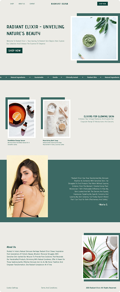 Radiant elixar - natural skincare landing page preview about us ui header section hero section landing page landing page ui landing page ux logo natural products reviews skin care skin care ui ui ux webpage ui