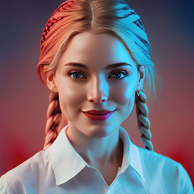 Photorealistic AI Design. Firefly. adobe firefly ai beautiful girl blonde blue blue eyes braids cinematic generation photorealistic red red lips russian girl smile face ultra realistic white shirt women