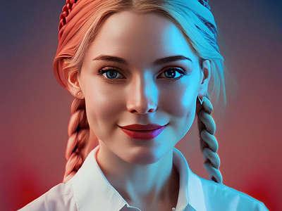 Photorealistic AI Design. Firefly. adobe firefly ai beautiful girl blonde blue blue eyes braids cinematic generation photorealistic red red lips russian girl smile face ultra realistic white shirt women