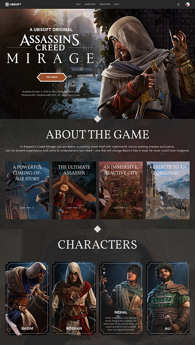 Assassin's Creed Mirage / JADE assassinscreed gamedesign gamelanding gestalt landingpage preorder ubisoft ui