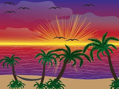 Beach sunset beach sunset bird birds illustration palm tree san sunset
