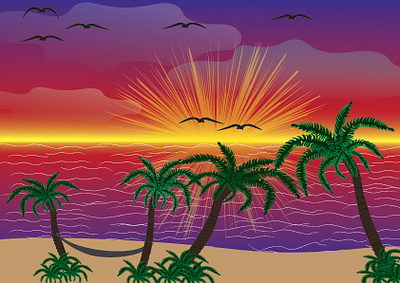 Beach sunset beach sunset bird birds illustration palm tree san sunset
