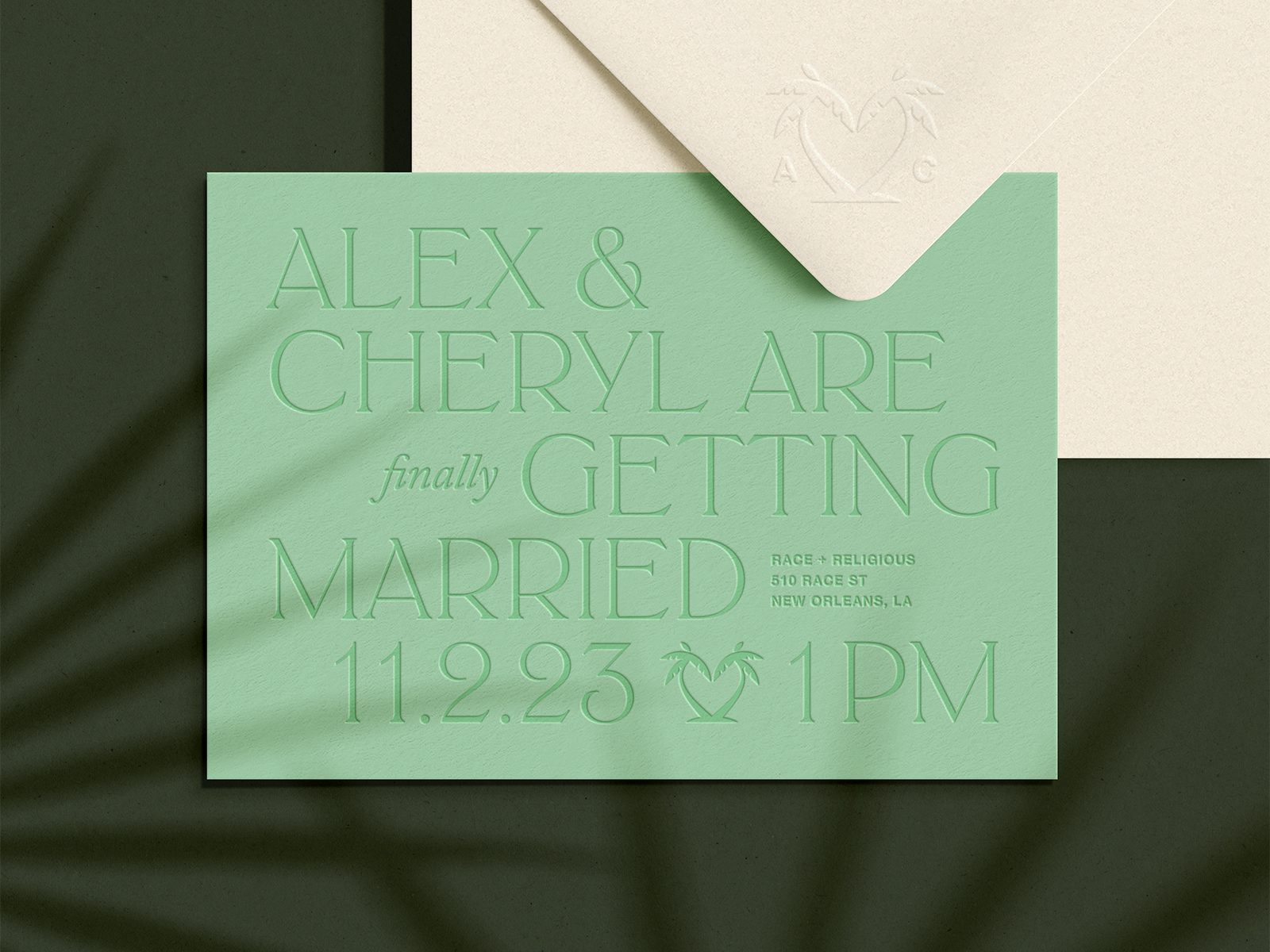 Wedding Invite emboss flat illustration illustrator invitation invite letterpress marriage married mint minty new orleans nola palm tree print tonal tropical type typography wedding