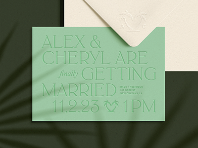 Wedding Invite emboss flat illustration illustrator invitation invite letterpress marriage married mint minty new orleans nola palm tree print tonal tropical type typography wedding