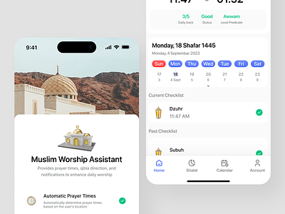 Muslim Worship Assistance - Daily Prayer Check app prayer muslim daily tracker app muslim detail page home page islamic prayer app islamic tracker minimalist mobile mobile app mobile apps muslim app muslim tracker muslim worship onboarding prayer app prayer track ramadan ramadhan shalat app splash screen