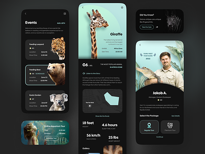 Zoo Guide App animal app design business dark employee lifestyle map mobile app mobile design mobile ui profile questionaire schedule tour travel travelling zoo
