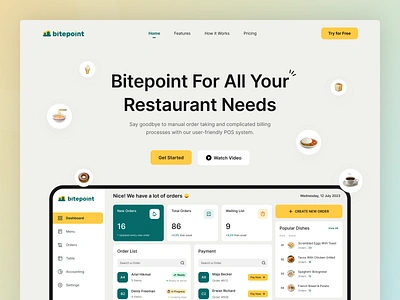 Bitepoint - Above the Fold cafe cashier cashier app clean food hero kitchen landing page outlet pointofsale pos pos app restaurant sales ui uitrend uiux ux web design website