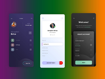 Profile Navigation App android ios app application brand branding create account gradient graphic design illustrator ai light dark log out log in menu navigation nav photoshop psd print designer settings smartphone mobile typo typography ui ux designer user profile