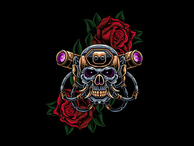 cyborg skull with roses 3d classic cyborg graphic design illustration logo mecha red rose rose skull tatto vector