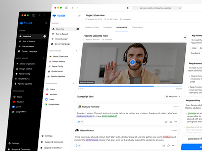 Voxlet - AI Speech-to-Text (Summarize Page) ai ai note ai summarize app black chatgpt clean dark dashboard design meet meeting saas speech to text summarizer text to speech ui web web app zoom