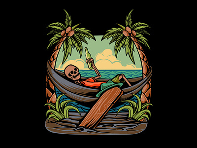 skull island with palm trees and surfboards skull