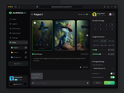 Alienesia.AI Image Generator - Workspace Dashboard ai art ai dashboar ai generator animation artificial intelligence chat gpt da dahsboard dark mode design graphic design image generator nft prompt prompt ai space ui ui design ux web design