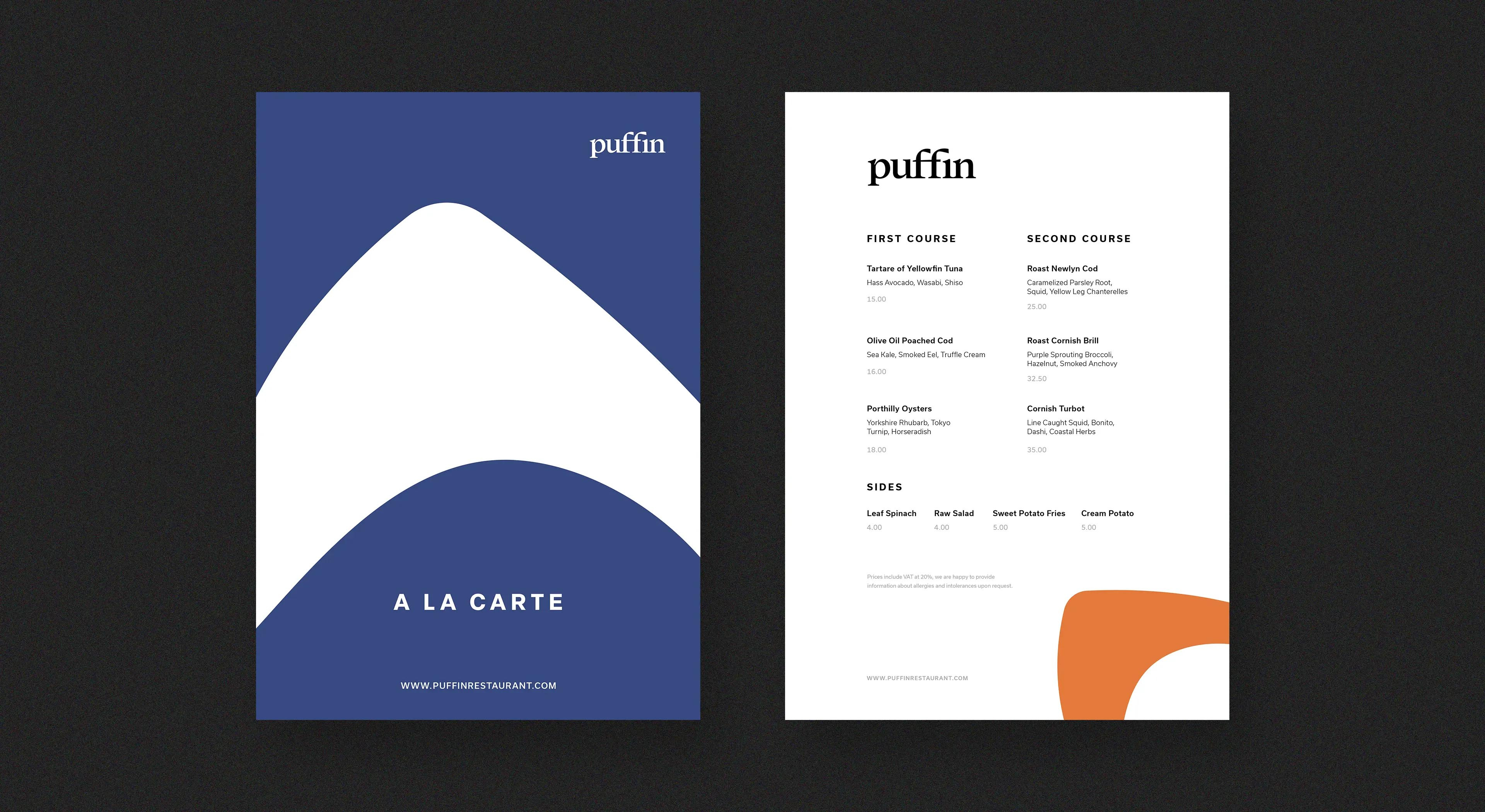 Puffin Restaurant Branding animal branding animal logo apron brand concept brand guidelines branding concept business card chef apron coaster graphic design logomark mark menu design puffin restaurant branding restaurant concept restaurant menu web design website design window sign