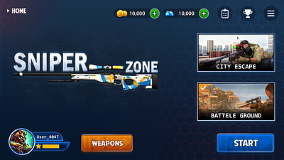 Sniper Zone Game UI 3d game action gmae game for sell game graphics game photoshop game ui game ui design sniper 3d sniper action sniper game sniper zone