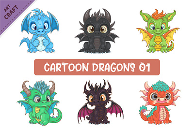 Set of Cartoon Dragons 01. Fantasy clipart. cartoon character clipart dinosaur dragon fantasy illustration mascot noai reptile sticker t shirt vector