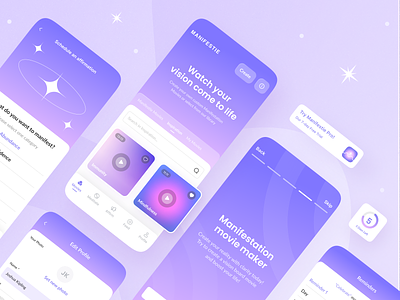 Manifestie - your app for manifesting dreams animation app button card dropdown gen z glassmorphism gradient illustration medical meditation minimalistic mobile onboarding profile redesign search box ui ux yoga