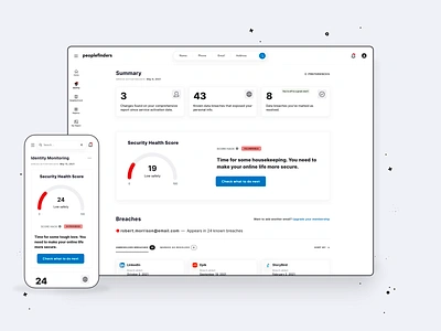 PeopleFinders — Identity Monitoring III cards dashboard data breaches data visualization design exploration gamefied gauge chart insights metrics minimalist design mobile app online security product design responsive design ui ux visual exploration web app