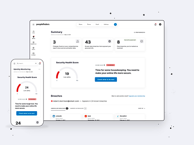 PeopleFinders — Identity Monitoring III cards dashboard data breaches data visualization design exploration gamefied gauge chart insights metrics minimalist design mobile app online security product design responsive design ui ux visual exploration web app