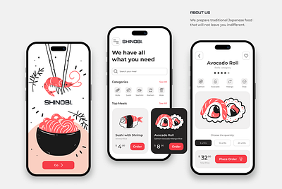 SHINOBI asian cuisine Delivery Concept app app design asia food clean delivery design fast food food food app graphic design interface ios minimalist mobile app product app sushi sushi app sushimi ui ux