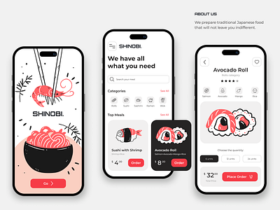 SHINOBI asian cuisine Delivery Concept app app design asia food clean delivery design fast food food food app graphic design interface ios minimalist mobile app product app sushi sushi app sushimi ui ux