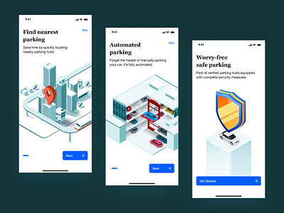 Parking App Onboarding app car clean illustration isometric minimal onboarding parking setup walkthrough