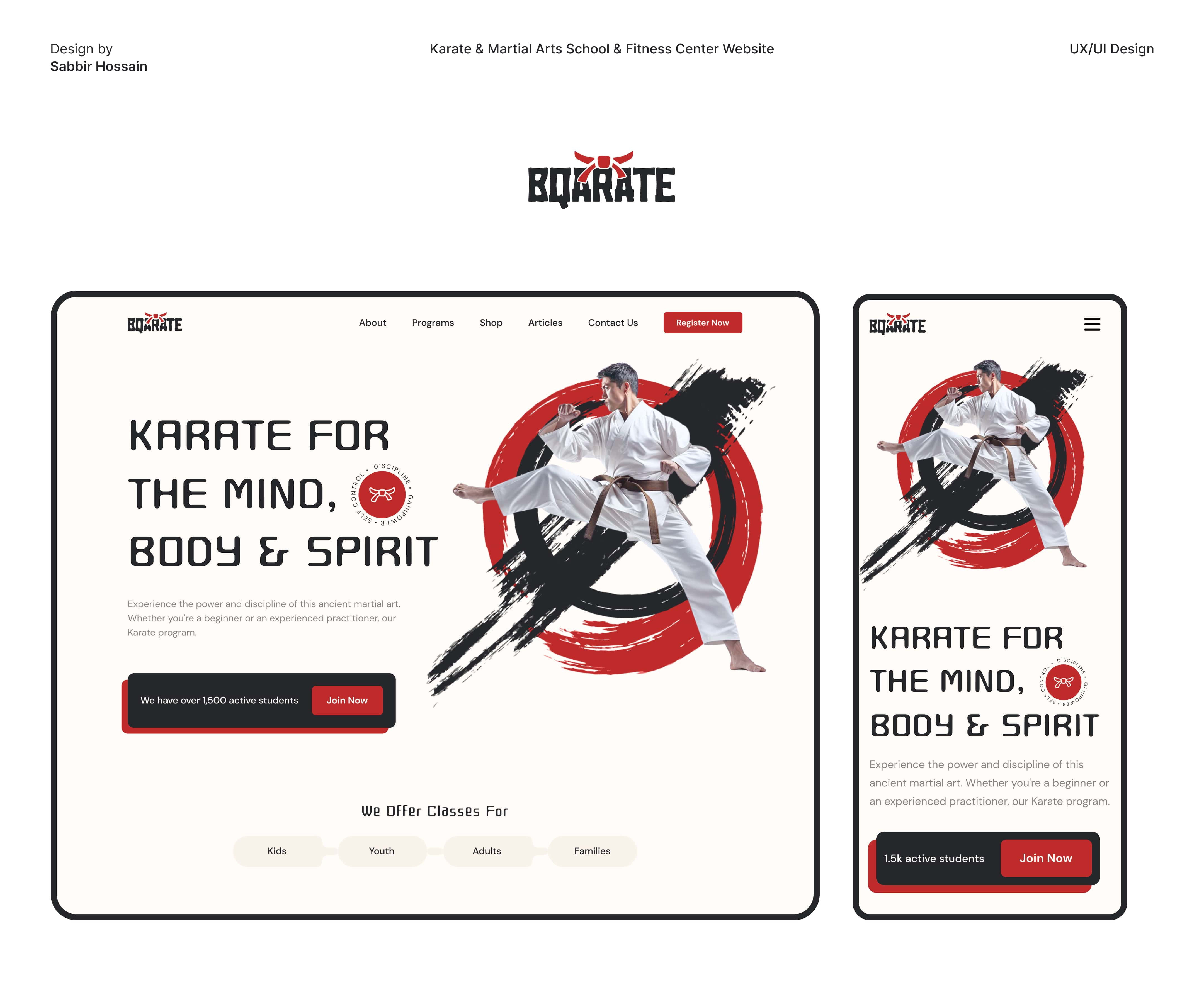 Karate & Martial Arts School & Fitness Center Website figma fitness fitness center graphic design homepage karate landing page logo martial arts mobile design modern website responsive design school ui uiux user interface web web design website website design