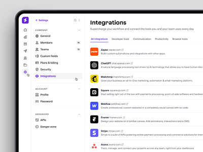 Integrations settings page — Untitled UI dashboard figma intregrations minimal minimalism navigation preferences product design settings settings page sidebar sidenav table ui design user interface ux design web app