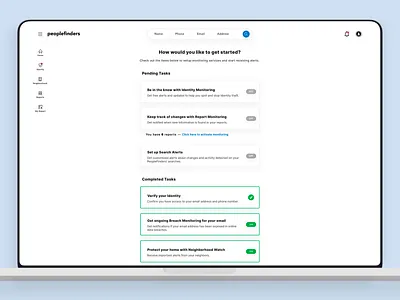 PeopleFinders — Monitoring Services I cards checklist completed tasks design exploration get started jumpstart minimalist design onboarding pending tasks product design setup switch to do list ui ux visual exploration