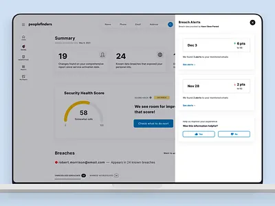 PeopleFinders — Monitoring Services II alerts cards dark web dashboard data breach design exploration feedback identity monitoring online security overlay product design progressive disclosure side panel thumbs up ui ux visual exploration web app