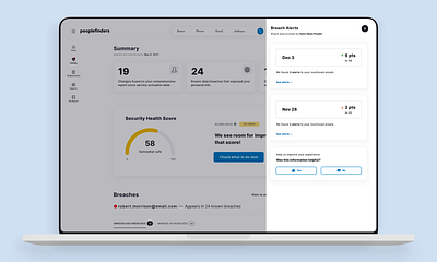 PeopleFinders — Monitoring Services II alerts cards dark web dashboard data breach design exploration feedback identity monitoring online security overlay product design progressive disclosure side panel thumbs up ui ux visual exploration web app