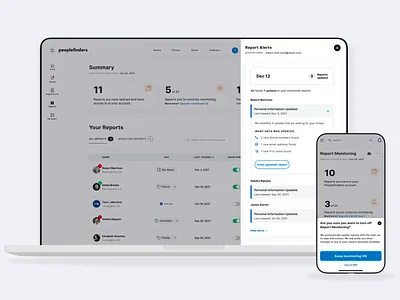 PeopleFinders — Report Monitoring III dashboard design exploration overlay personal information product design public records report alerts report monitoring report updates responsive design side panel table ui ux visual exploration web app