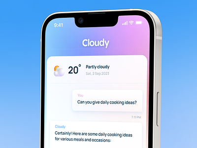 Cloudy - AI Chat Bot for Everyday Life ai ai chat app application bot chat chat bot chat gpt cloud design fun gpt gradient iphone app minimalism mobile mockup ui ux visual