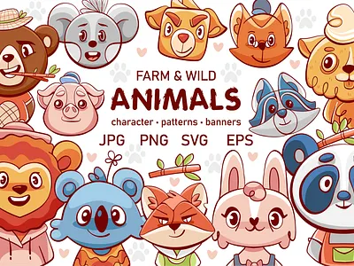 Farm & Wild Animals Cartoon Vector Set animals baby banner branding canva character clip art colorfull cute doodle emotion face flat icons illustration kid line pattern personage safari