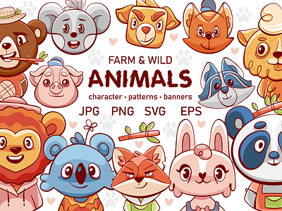 Farm & Wild Animals Cartoon Vector Set animals baby banner branding canva character clip art colorfull cute doodle emotion face flat icons illustration kid line pattern personage safari