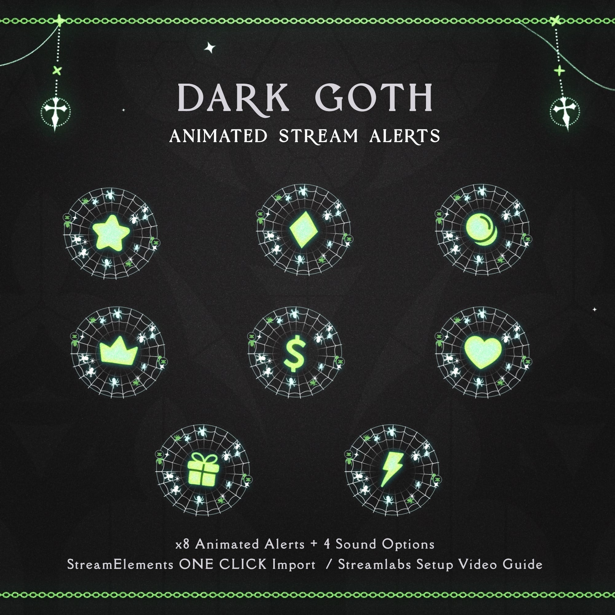 GREEN DARK GOTH ANIMATED ALERTS animated alerts animated streamlabs alerts design donation alert graphic design stream stream alerts stream design stream graphics stream pack streamelements alerts subscriber alert twitch twitch alerts vtuber