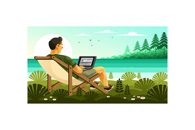 Enjoy Remote Working by the Lake Illustration scenery