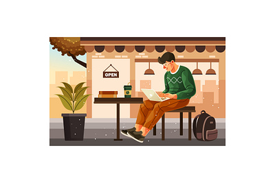 Enjoy Remote Working in Coffee Shop Illustration working