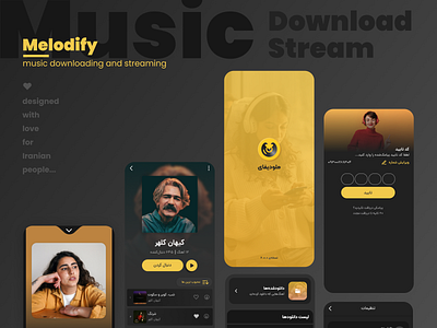 Melodify arabic download manager login melodify music music app music player persian product design splash splash screen stream streaming ui ux yellow عربی فارسی ملودیفای موزیک