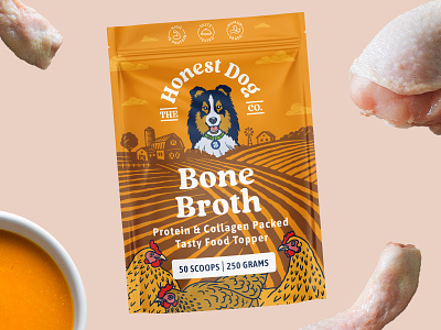 Bone broth packaging design for pet care company bone broth chicken dog drawing farm health illustration landscape orange organic pet pouch vintage