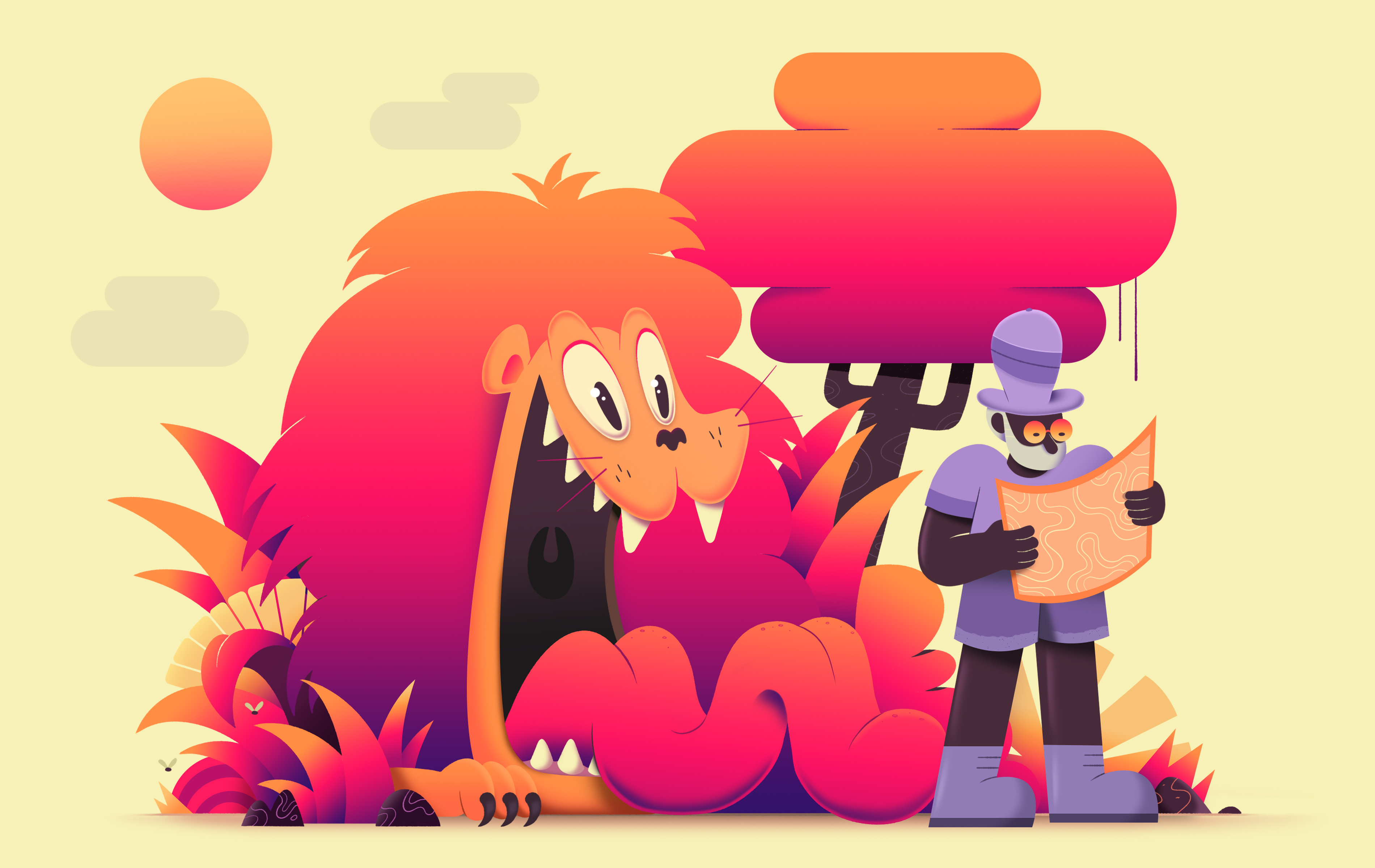 Lion Safari adventure adventurer africa animal discovery exploring florian farhay forest garden gradient illustration jungle lion map plants route safari travel wildlife zoo