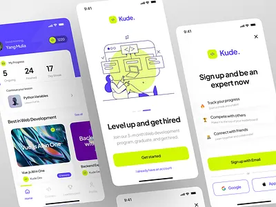 Kude - Learn Coding Mobile Apps UI KIT 📱 app app design code code app coding course course app course mobile app design e learning learn learn mobile app learning app minimal mobile app online course sign up ui ux