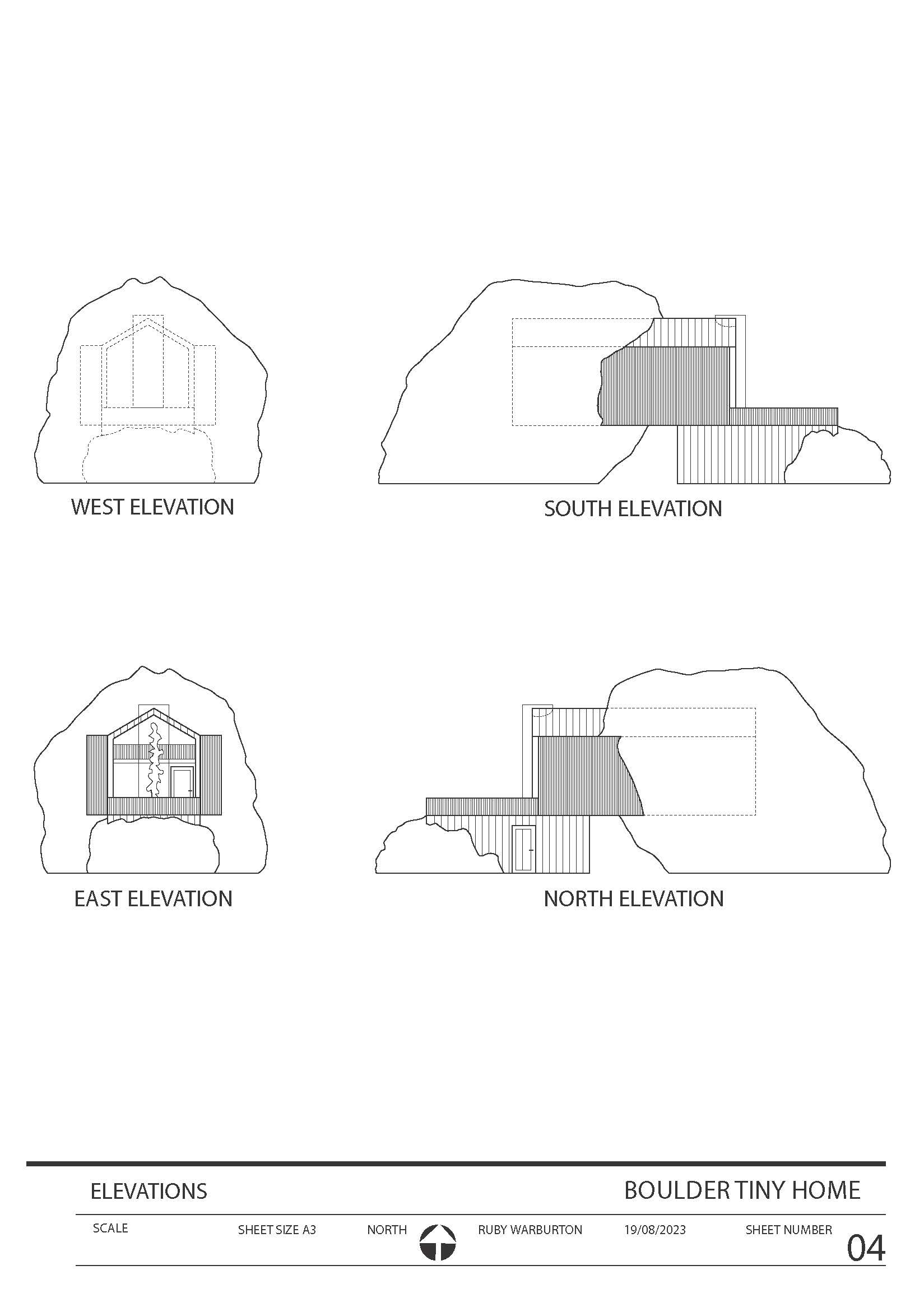Boulder Tiny House - Floorplans and Elevations boulder elevation environmental floorplan house illustrator jungle natural rainforest rock sustainable technical tiny house
