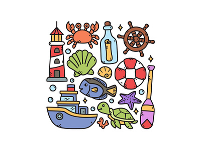 Nautical Doodle Set crab cute doodle fish illustration nautical ship turtle vector