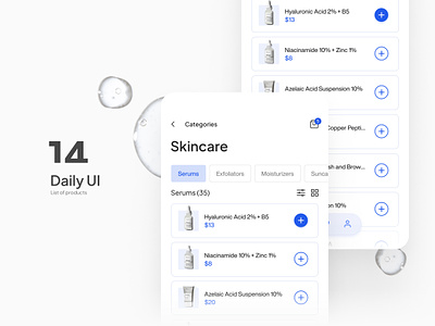 Daily UI #14 - List of products button cosmetics dailyui design ecommerce interface items list mobile mobileapp products scincare shop shopapp tabs ui uiux ux