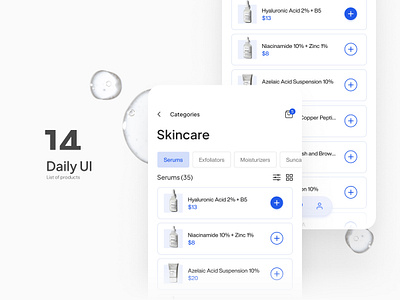 Daily UI #14 - List of products button cosmetics dailyui design ecommerce interface items list mobile mobileapp products scincare shop shopapp tabs ui uiux ux