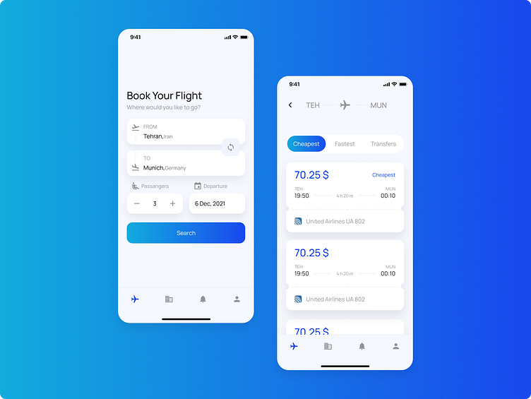 Fly booking mobile app by Eleonora Kondrakhina on Dribbble