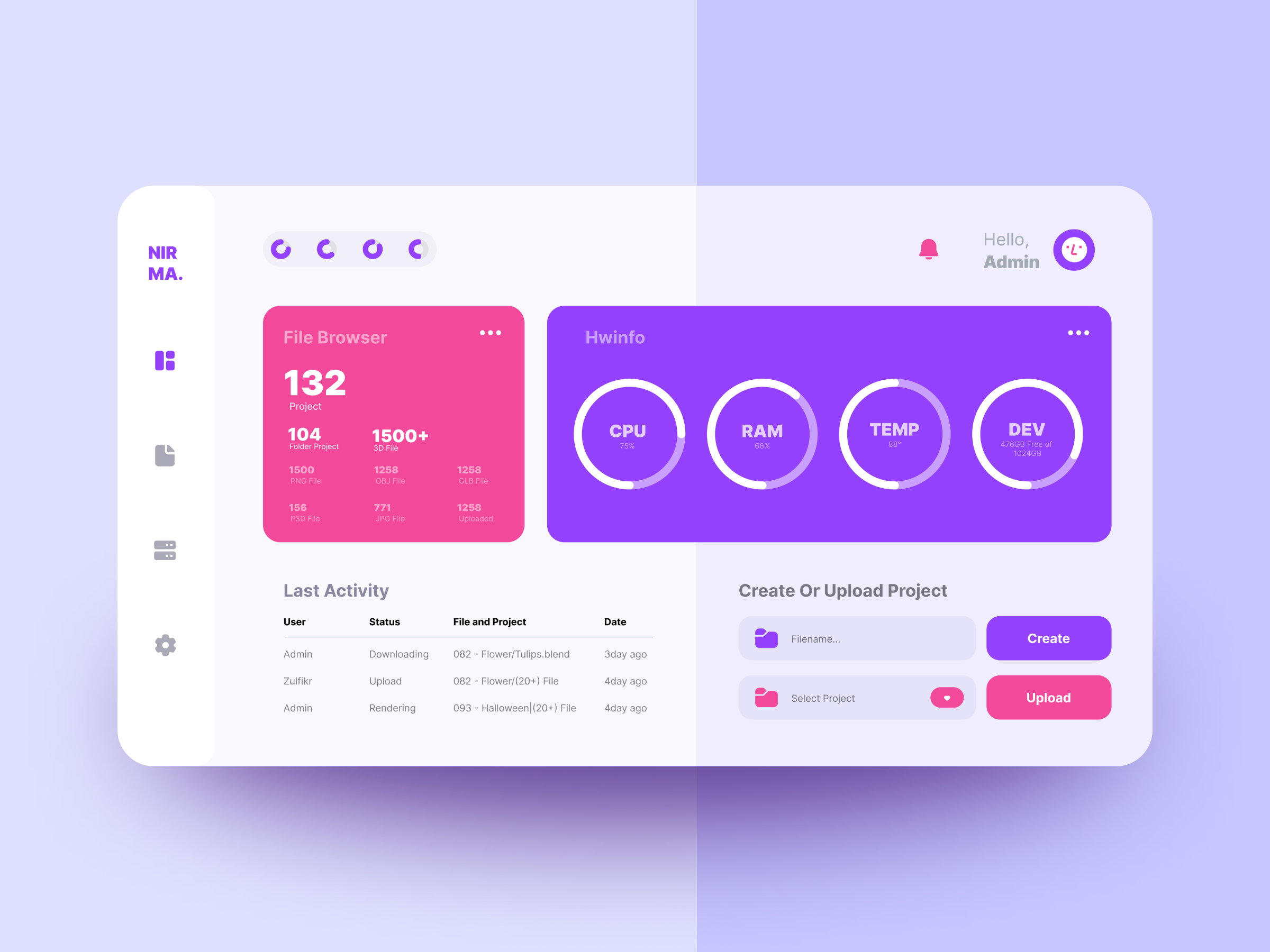 NIRMA - Render Machine Dashboard admin panel admin theme admin ui card dashboard dashboard design graphic illustration interface learning machine sidebar ui ui design ui ux design user dashboard ux web design