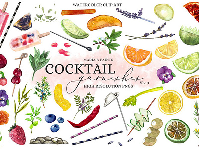 Cocktail Garnishes Clip Art Set V2 bar menu clipart cocktail clipart cocktail illustrations coktail design garnish clip art garnishes grape illustration graphic design illustration lavender watercolor lemon watercolor lime slice mint leaves olive watercolor orange illustration popsicle clipart wedding sign