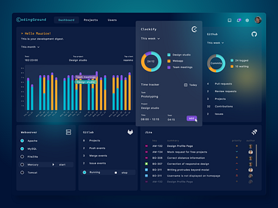 Developer Dashboard activity monitoring app clockify dashboard design dev devapp developer development environment flat design gradient project management reanmo tracking ui ux visual analytics webapp webdesign