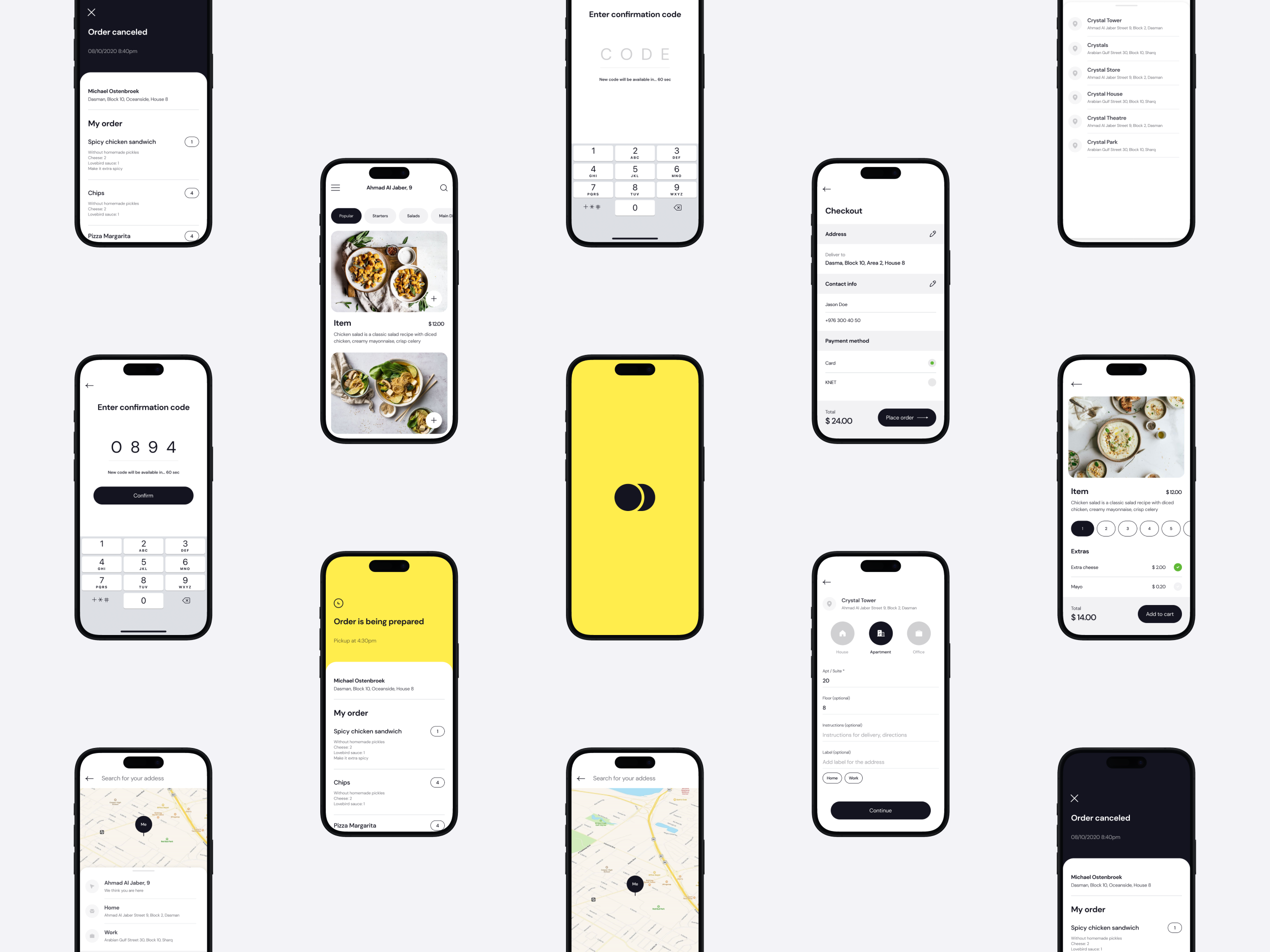 OrdrDirect iOS cart checkout delivery delivery app flat ios layout location menu wireframes yellow